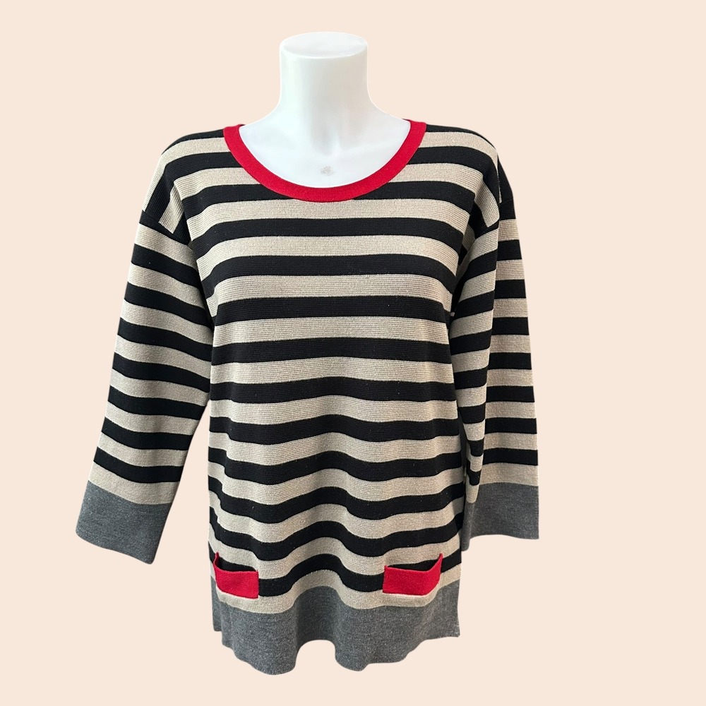 Hobbs London Striped Tan Black Red 3/4 Sleeve Wool Blend Sweater sz UK 16/US 12